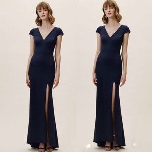 Anthropologie BHLDN Ara Long Formal Cap Sleeve Leg Slit Navy Blue Dress Size 14